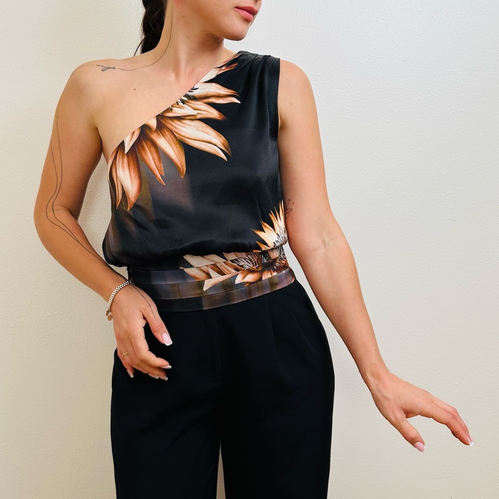 New Karen Millen Viscose Satin Tie Waist One Shoulder Blouse Top Dark Floral